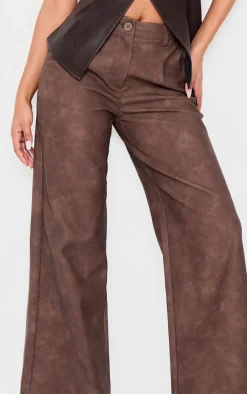 Petite Chocolate Faux Leather Wide Leg Pants