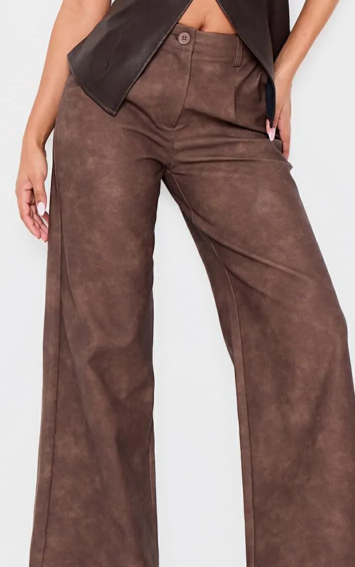 Petite Chocolate Faux Leather Wide Leg Pants