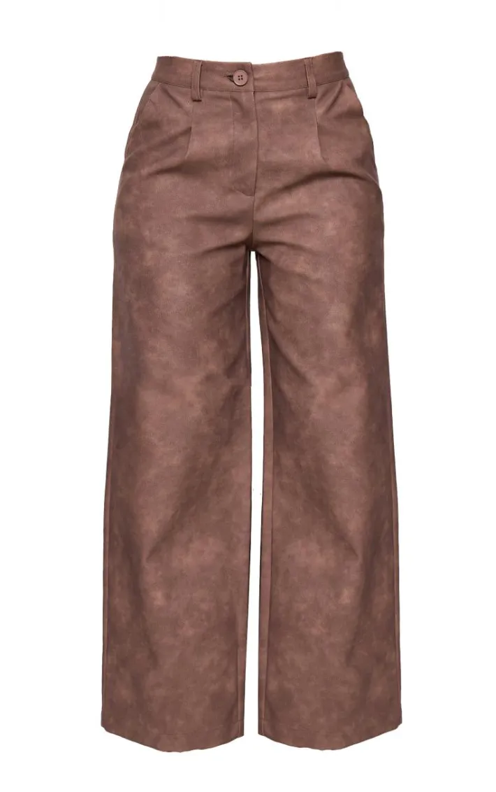 Petite Chocolate Faux Leather Wide Leg Pants