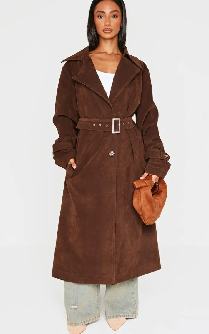 Petite Chocolate Faux Suede Belted Trench Coat