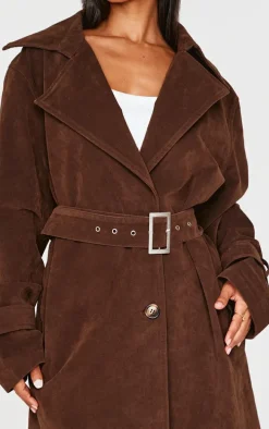 Petite Chocolate Faux Suede Belted Trench Coat