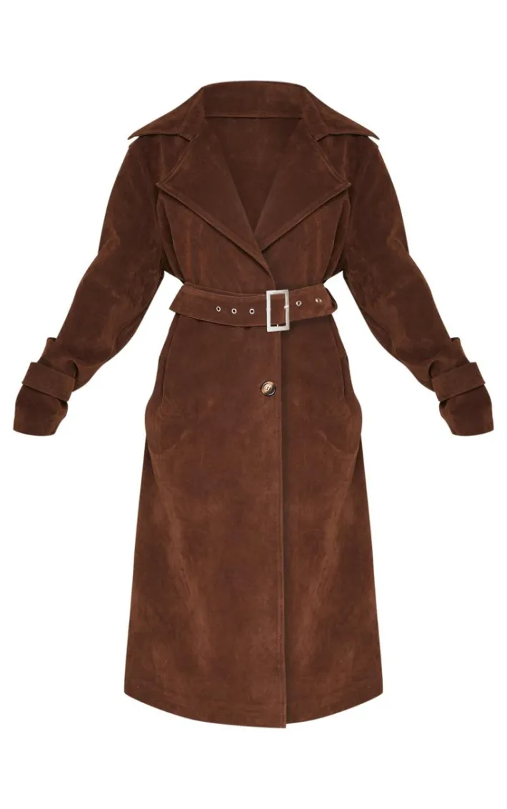 Petite Chocolate Faux Suede Belted Trench Coat