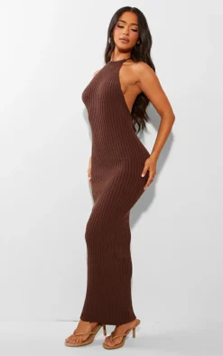 Petite Chocolate Knitted Open Back Maxi Dress