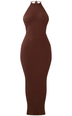 Petite Chocolate Knitted Open Back Maxi Dress