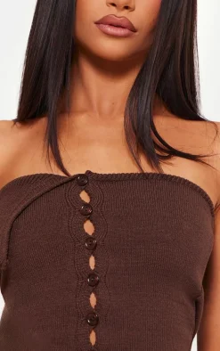 Petite Chocolate Knitted Bandeau Button Down Top