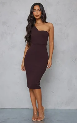 Petite Chocolate One Shoulder Drape Midi Dress