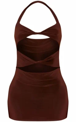 Petite Chocolate Slinky Cut Out Halterneck Mini Dress