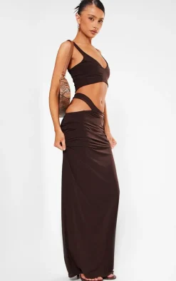 Petite Chocolate Slinky Cut Out Waistband Maxi Skirt