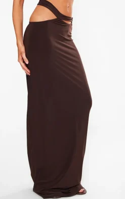 Petite Chocolate Slinky Cut Out Waistband Maxi Skirt