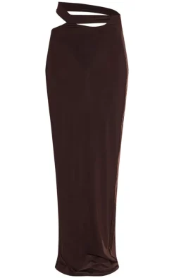 Petite Chocolate Slinky Cut Out Waistband Maxi Skirt