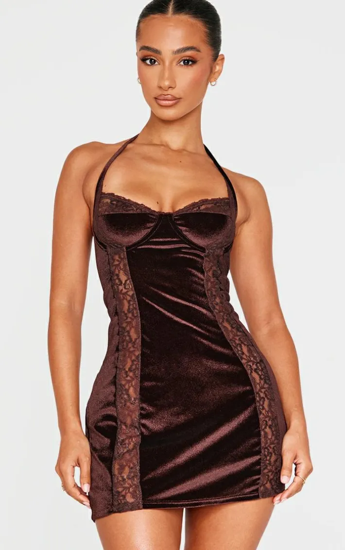 Petite Chocolate Velvet Lace Trim Detail Mini Dress
