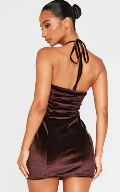 Petite Chocolate Velvet Lace Trim Detail Mini Dress