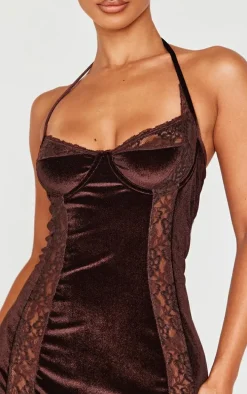 Petite Chocolate Velvet Lace Trim Detail Mini Dress