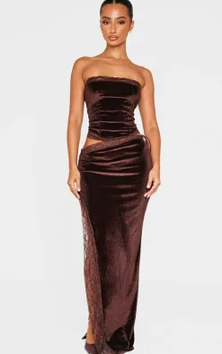 Petite Chocolate Velvet Lace Trim Detail Maxi Skirt