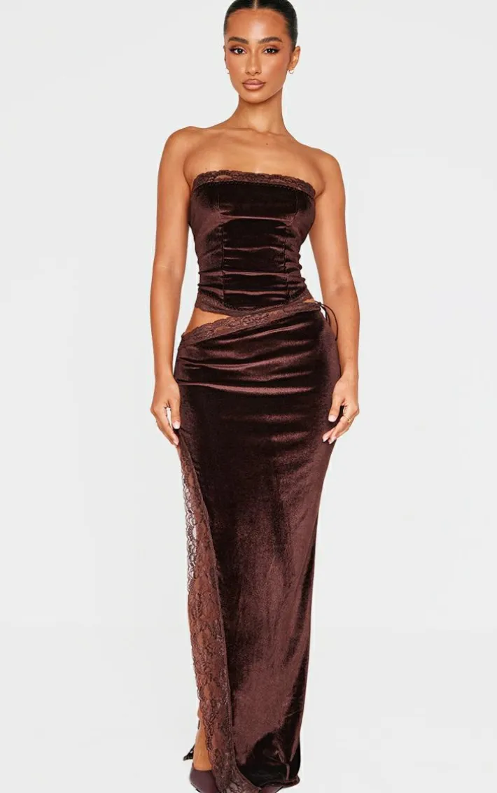 Petite Chocolate Velvet Lace Trim Detail Maxi Skirt