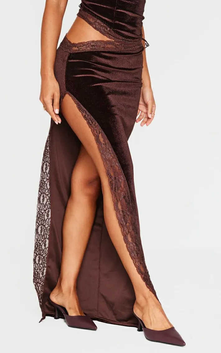 Petite Chocolate Velvet Lace Trim Detail Maxi Skirt