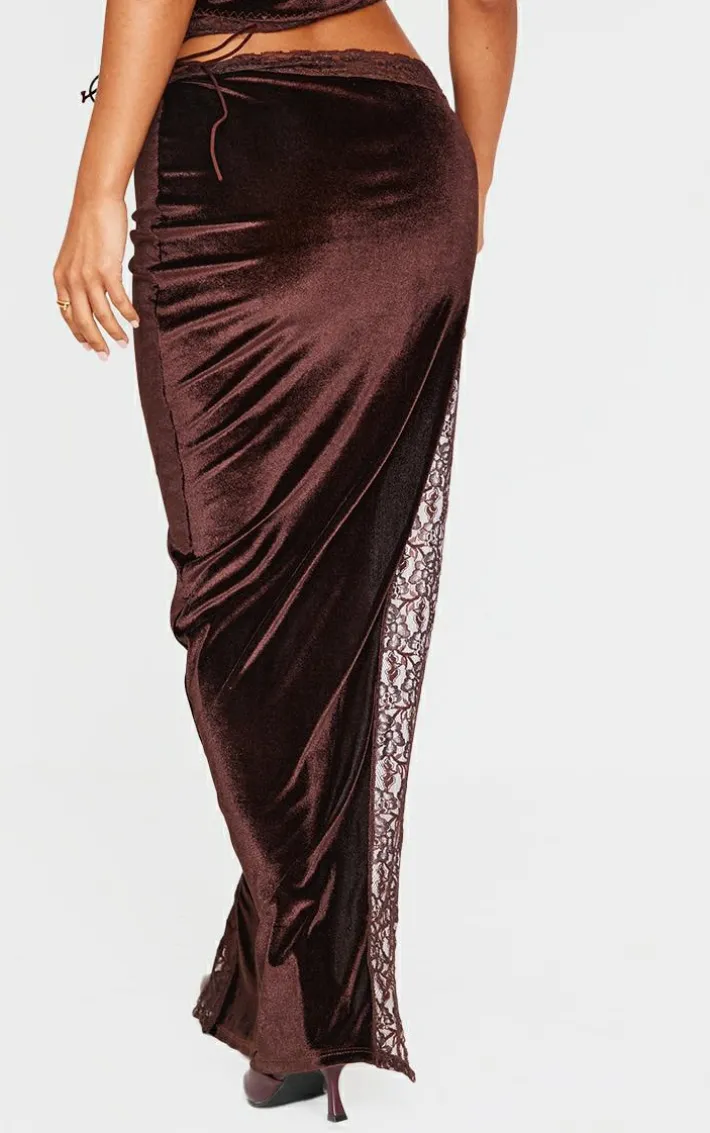 Petite Chocolate Velvet Lace Trim Detail Maxi Skirt