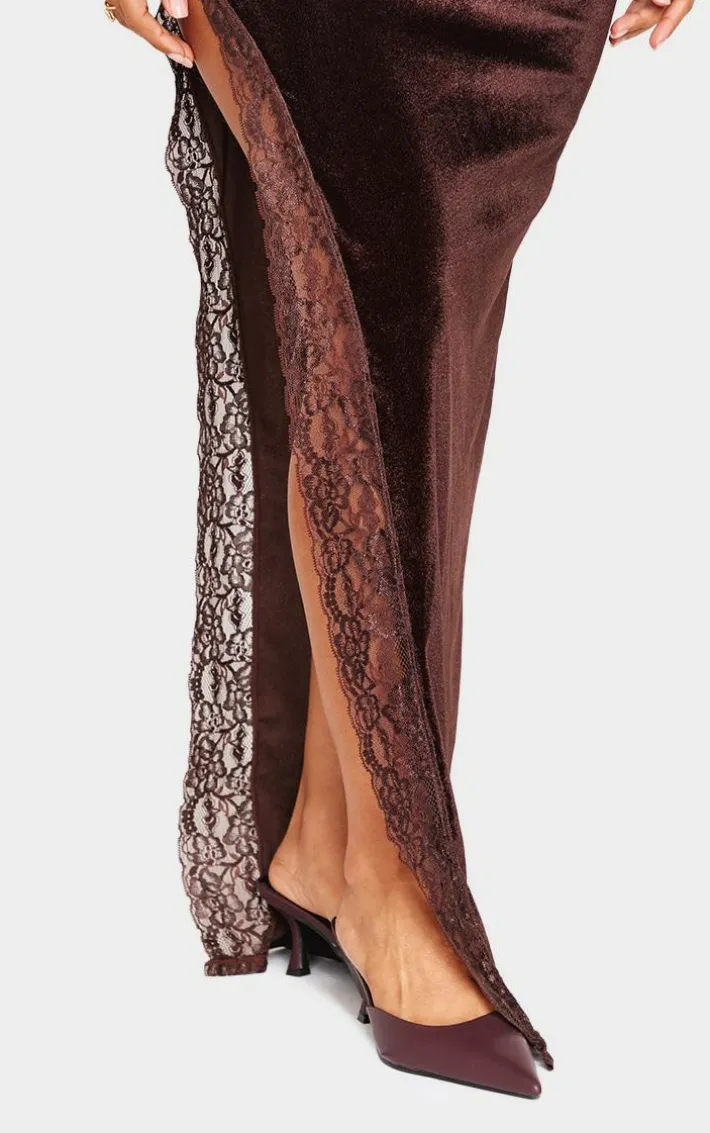 Petite Chocolate Velvet Lace Trim Detail Maxi Skirt