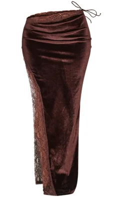 Petite Chocolate Velvet Lace Trim Detail Maxi Skirt