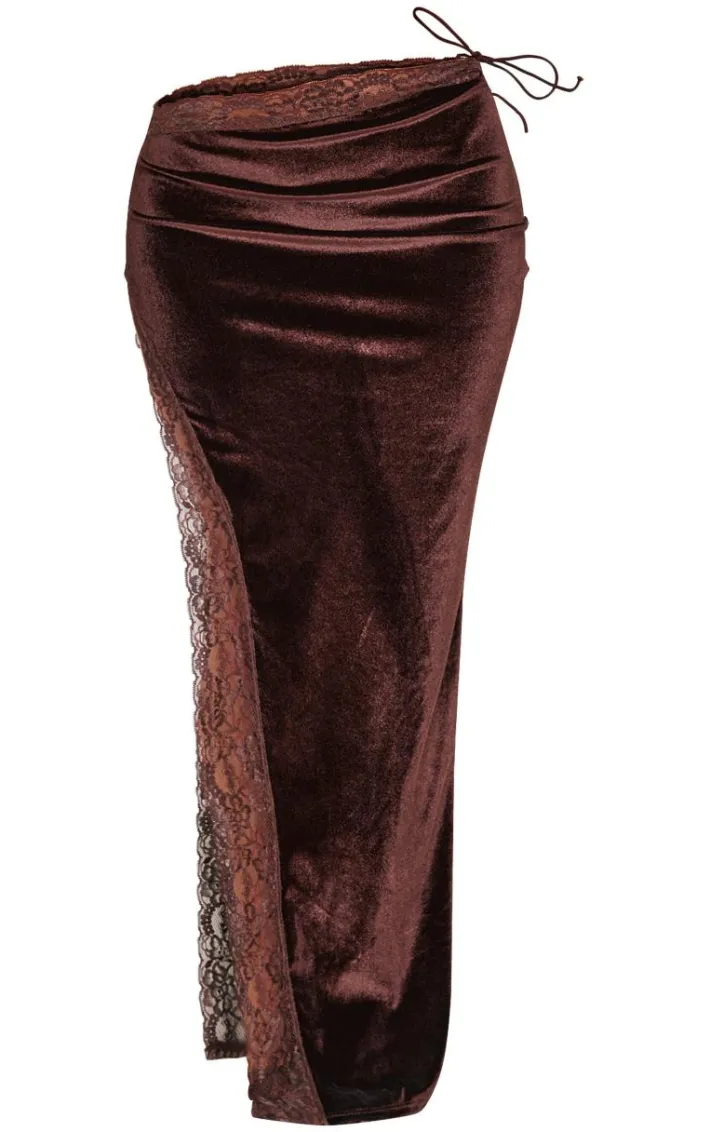 Petite Chocolate Velvet Lace Trim Detail Maxi Skirt