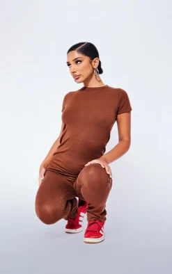 Petite Coffee Knitted Crew Neck Top