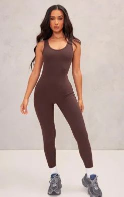 Petite Coffee Snatched Sculpt Square Neck Jumpsuit