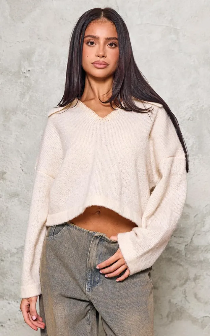 Petite Cream Blanket Stitch Detail Collar Knit Sweater