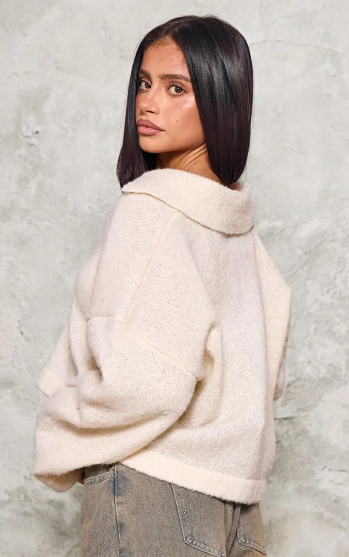 Petite Cream Blanket Stitch Detail Collar Knit Sweater