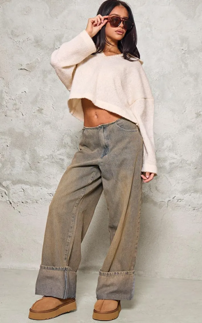 Petite Cream Blanket Stitch Detail Collar Knit Sweater