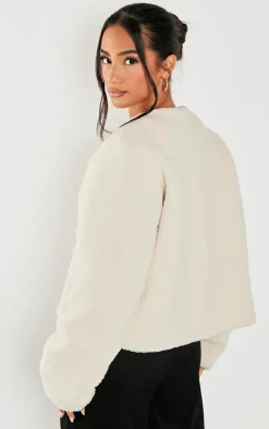 Petite Cream Borg Longline Clasp Detail Jacket