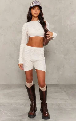 Petite Cream Cable Knit Extreme Cropped Cardigan