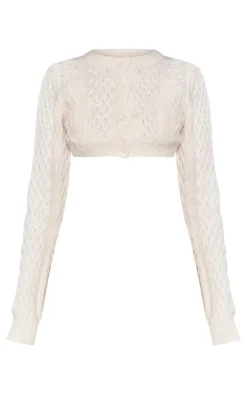 Petite Cream Cable Knit Extreme Cropped Cardigan
