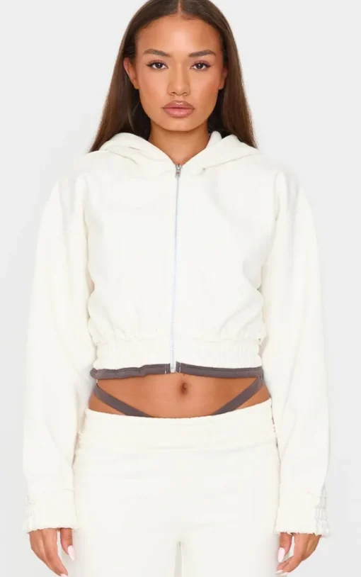 Petite Cream Contrast Detail Cropped Zip Up Hoodie