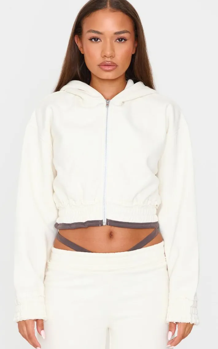 Petite Cream Contrast Detail Cropped Zip Up Hoodie