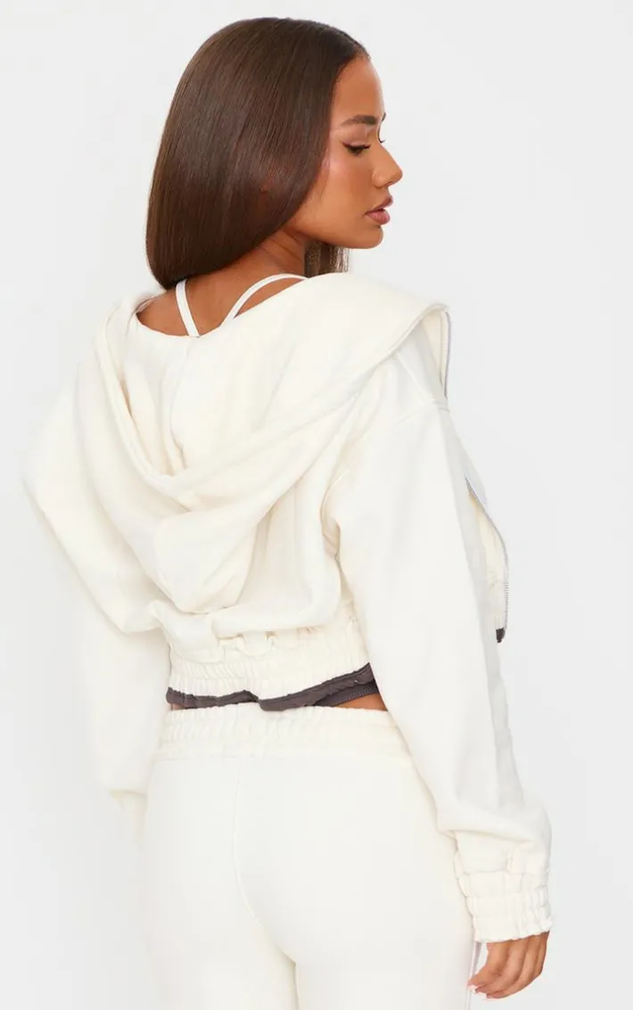 Petite Cream Contrast Detail Cropped Zip Up Hoodie