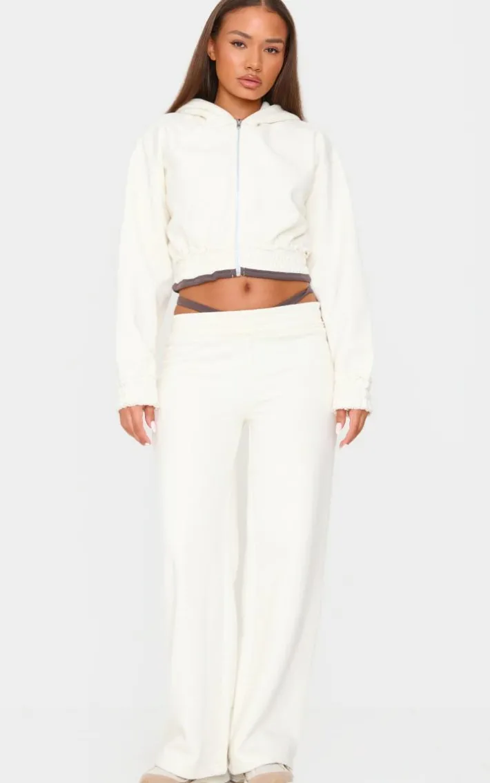 Petite Cream Contrast Detail Cropped Zip Up Hoodie