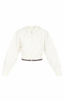 Petite Cream Contrast Detail Cropped Zip Up Hoodie