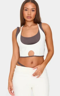 Petite Cream Contrast Detail Crop Top