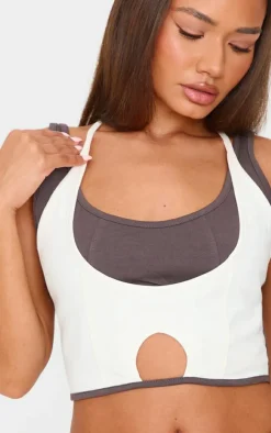Petite Cream Contrast Detail Crop Top