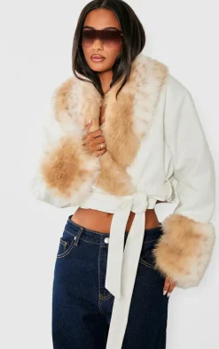 Petite Cream Contrast Faux Fur Trim Cropped Jacket