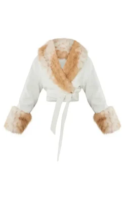 Petite Cream Contrast Faux Fur Trim Cropped Jacket
