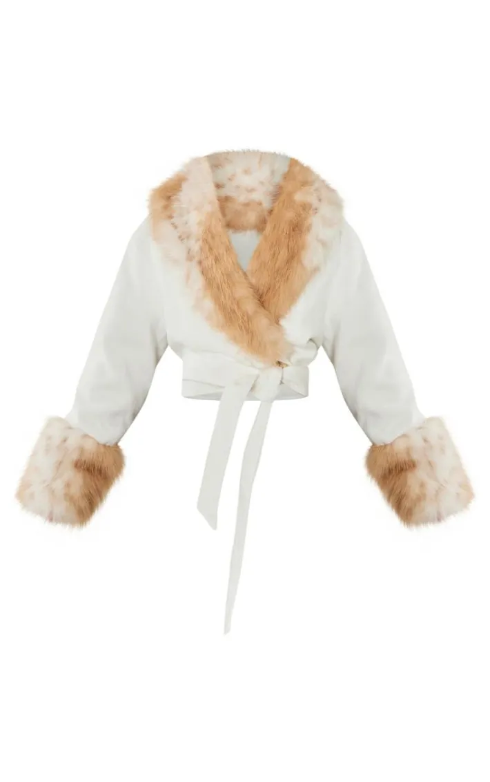 Petite Cream Contrast Faux Fur Trim Cropped Jacket