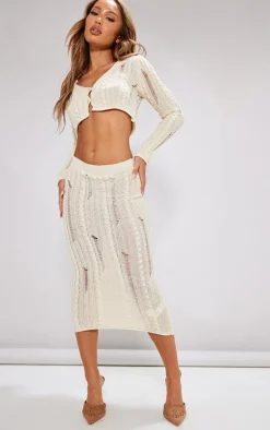 Petite Cream Distressed Cable Knit Midaxi Skirt