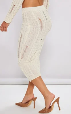 Petite Cream Distressed Cable Knit Midaxi Skirt