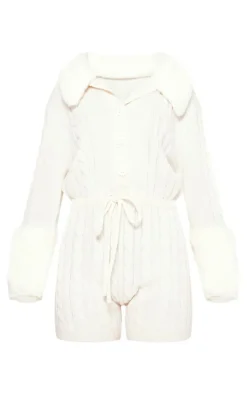 Petite Cream Faux Fur Trim Cable Knit Romper