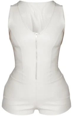 Petite Cream Faux Leather Zip Up Romper
