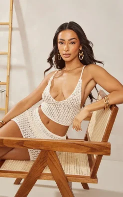 Petite Cream Halterneck Crochet Crop Top