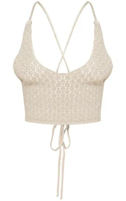 Petite Cream Halterneck Crochet Crop Top