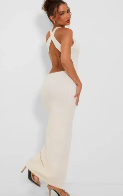 Petite Cream Knit Open Back Cross Over Maxi Dress
