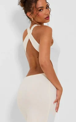 Petite Cream Knit Open Back Cross Over Maxi Dress